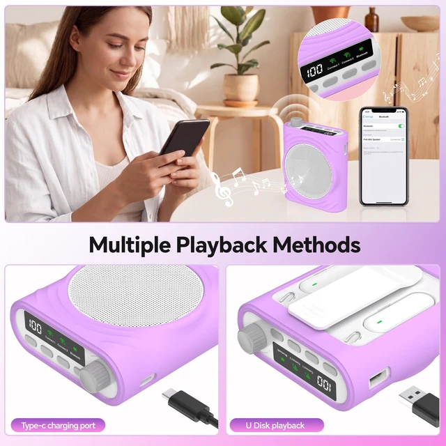 Alt view image 7 of 7 - Voice Amplifier for Teachers, Portable Bluetooth Mini Personal Speaker with Wireless Lavalier Mic & Silicone Protective Cover, Ideal for Classroom, Conference and Tour Guide (Purple)