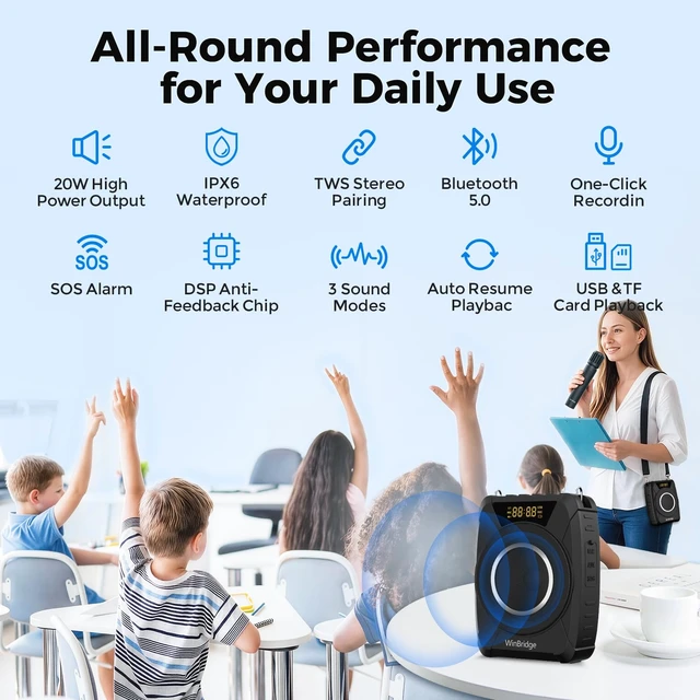 Alt view image 3 of 7 - 20W Portable Voice Amplifier for Teachers, Wireless Mic, PA Speaker M802 | IPX6 Waterproof Bluetooth Speaker with Microphone, Portable Wireless PA System for Classroom, Teaching, Tours & Presentations
