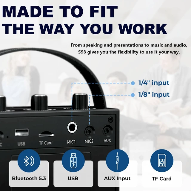 Alt view image 6 of 7 - Voice Amplifier, 50W Bluetooth PA Speaker S98 with Wireless Headset Mic | Portable PA System for Teachers, Trainers, Meetings & Events, Rechargeable with Shoulder Strap, USB, TF & AUX