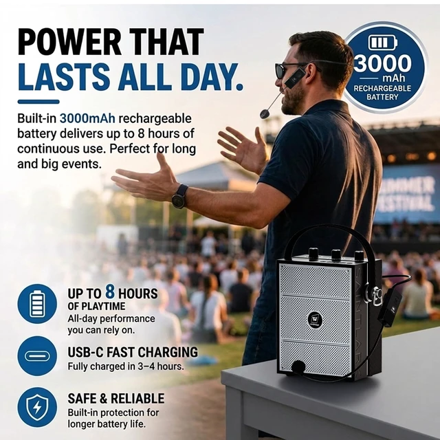 Alt view image 7 of 7 - Voice Amplifier, 50W Bluetooth PA Speaker S98 with Wireless Headset Mic | Portable PA System for Teachers, Trainers, Meetings & Events, Rechargeable with Shoulder Strap, USB, TF & AUX
