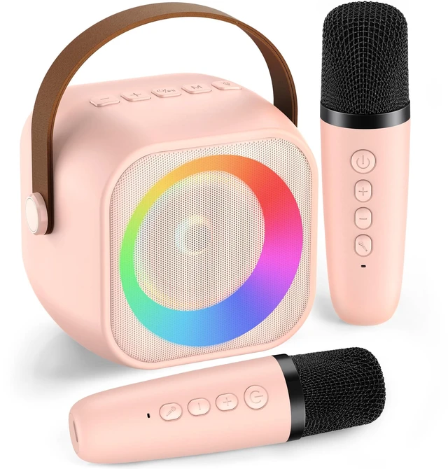 Main image of Mini Karaoke Machine,Portable Bluetooth Speaker with 2 Wireless Microphones | 360° Surround Sound,5 Voice Effects,Bluetooth 5.0,LED Lights, TF/USB/AUX, For Kids and Adults, Family Home Party and Gifts