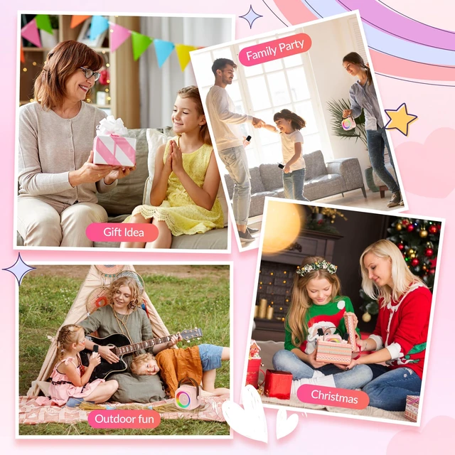 Alt view image 7 of 7 - Mini Karaoke Machine,Portable Bluetooth Speaker with 2 Wireless Microphones | 360° Surround Sound,5 Voice Effects,Bluetooth 5.0,LED Lights, TF/USB/AUX, For Kids and Adults, Family Home Party and Gifts