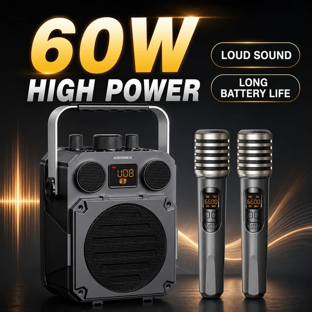 Alt view image 2 of 5 - 60W Bluetooth Speaker Mic Powerful Wireless Voice Amplifier with Dual Microphones, Portable PA System & Karaoke Machine for Teachers, Sound Effects, Guitar Input, High Bass