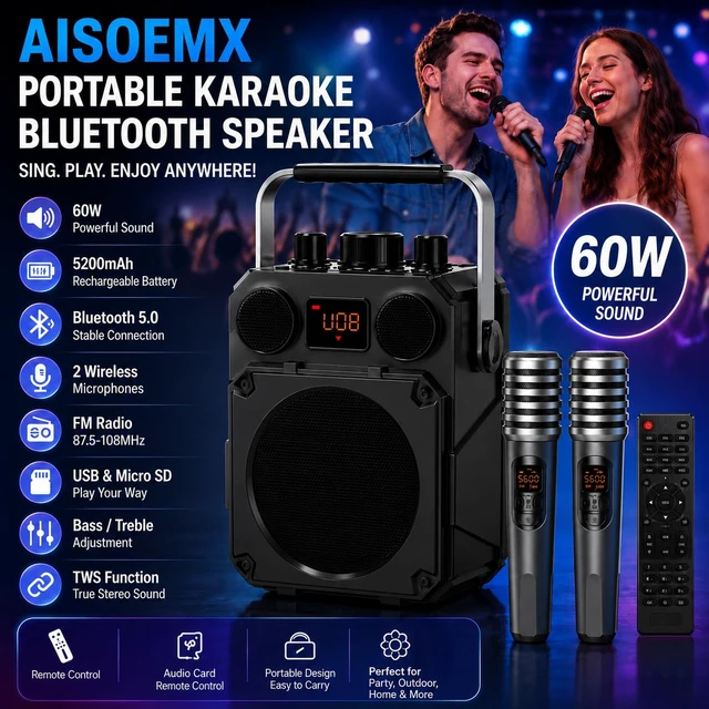 Alt view image 3 of 5 - 60W Bluetooth Speaker Mic Powerful Wireless Voice Amplifier with Dual Microphones, Portable PA System & Karaoke Machine for Teachers, Sound Effects, Guitar Input, High Bass
