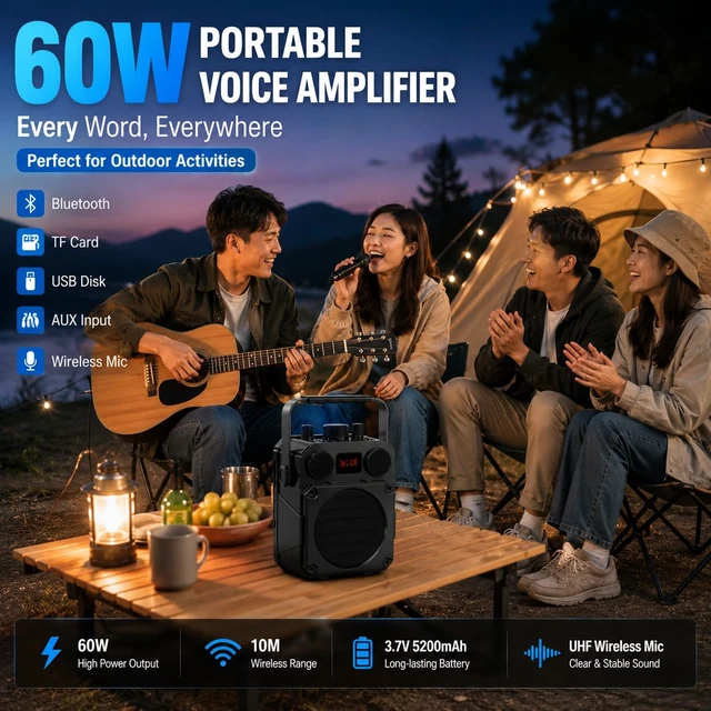 Alt view image 4 of 5 - 60W Bluetooth Speaker Mic Powerful Wireless Voice Amplifier with Dual Microphones, Portable PA System & Karaoke Machine for Teachers, Sound Effects, Guitar Input, High Bass