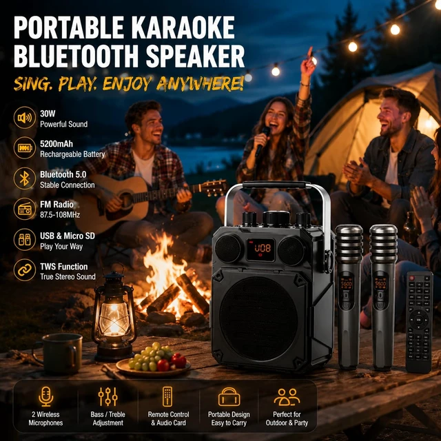 Alt view image 5 of 5 - 60W Bluetooth Speaker Mic Powerful Wireless Voice Amplifier with Dual Microphones, Portable PA System & Karaoke Machine for Teachers, Sound Effects, Guitar Input, High Bass