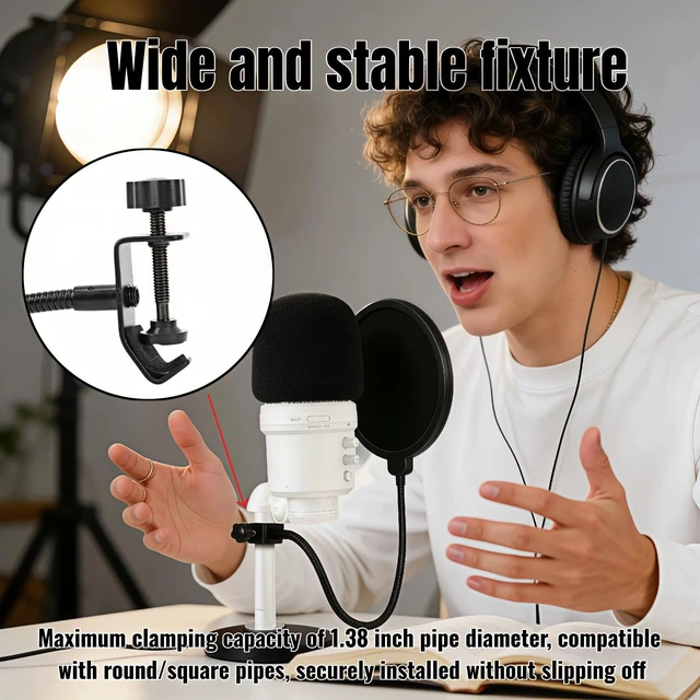 Alt view image 4 of 7 - Professional Microphone Pop Filter, Double-Layer Wind Screen with 360° Flexible Metal Arm and Clamp, 5.91 Inch, for Recording Studio, Broadcasting, and Singing Eliminate Plosives & Hiss