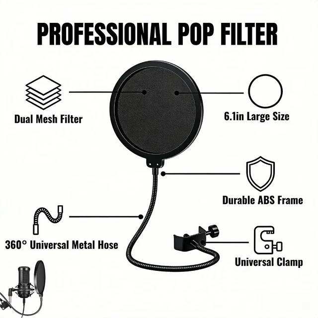 Alt view image 6 of 7 - Professional Microphone Pop Filter, Double-Layer Wind Screen with 360° Flexible Metal Arm and Clamp, 5.91 Inch, for Recording Studio, Broadcasting, and Singing Eliminate Plosives & Hiss