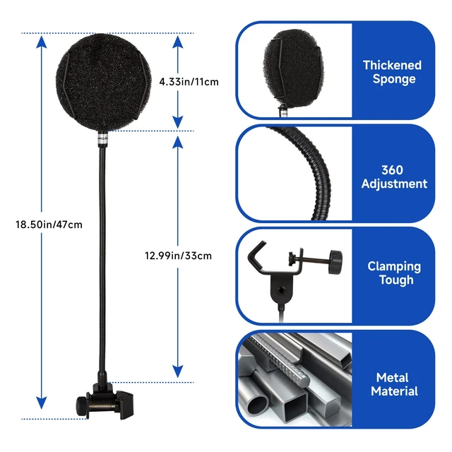 Alt view image 7 of 7 - Pop Filter for Microphone with Multi-Layer Screen, Flexible Gooseneck | Microphone windscreen for singing, voiceovers and podcast recording. Reduces plosives and breath noise; easy to position.