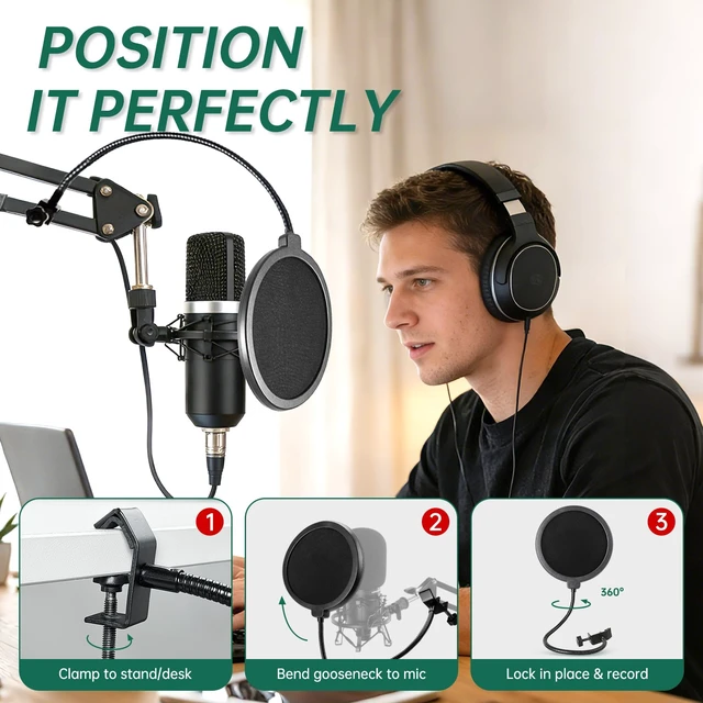 Alt view image 3 of 6 - Pop Filter for AT-2020 AT-2035 AT-2040 AT-2050 ATR2500 and All Microphones, Pop Shield for Filtering Plosives and Hissing Noise, Dual-Layer Mesh, 360° Adjustable Gooseneck (Mask-Black)
