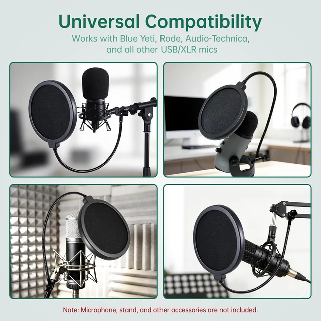 Alt view image 4 of 6 - Pop Filter for AT-2020 AT-2035 AT-2040 AT-2050 ATR2500 and All Microphones, Pop Shield for Filtering Plosives and Hissing Noise, Dual-Layer Mesh, 360° Adjustable Gooseneck (Mask-Black)