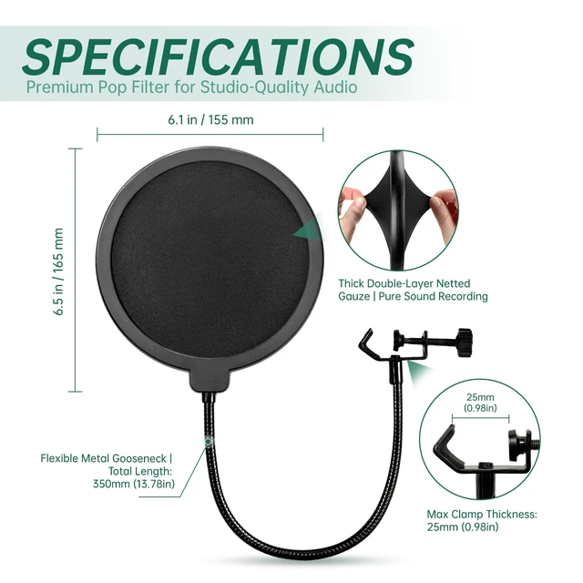 Alt view image 5 of 6 - Pop Filter for AT-2020 AT-2035 AT-2040 AT-2050 ATR2500 and All Microphones, Pop Shield for Filtering Plosives and Hissing Noise, Dual-Layer Mesh, 360° Adjustable Gooseneck (Mask-Black)