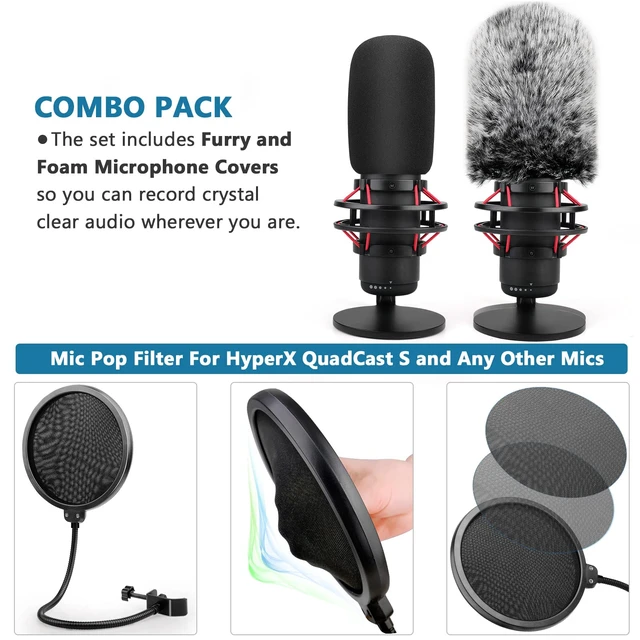 Alt view image 3 of 7 - Pop Filter for Hyperx Quadcast,3 in 1 Quadcast S Mic Pop Filter + Furry Windscreen+ Foam Mic Cover for Hyperx Microphone,Professional Noise Reduction QuadCast Pop Filter Set Combo 3Pack
