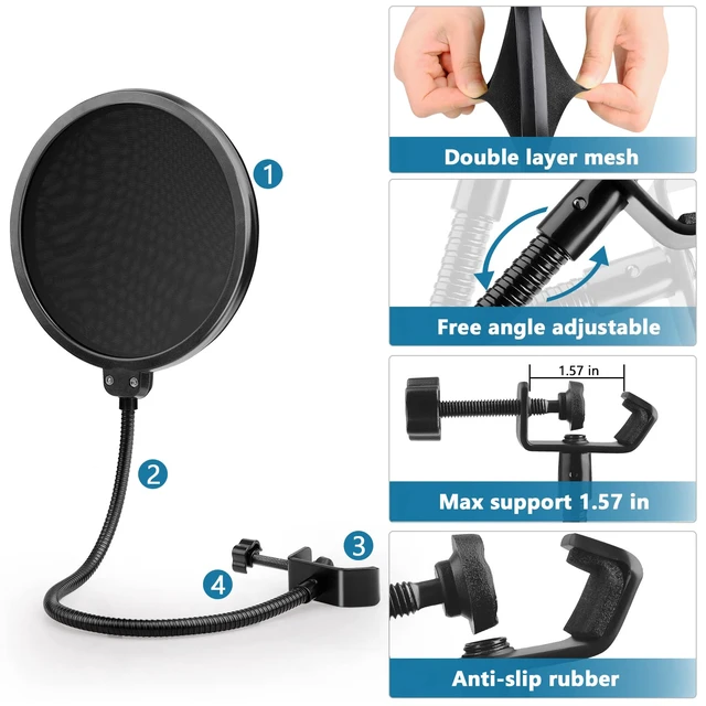 Alt view image 4 of 7 - Pop Filter for Hyperx Quadcast,3 in 1 Quadcast S Mic Pop Filter + Furry Windscreen+ Foam Mic Cover for Hyperx Microphone,Professional Noise Reduction QuadCast Pop Filter Set Combo 3Pack