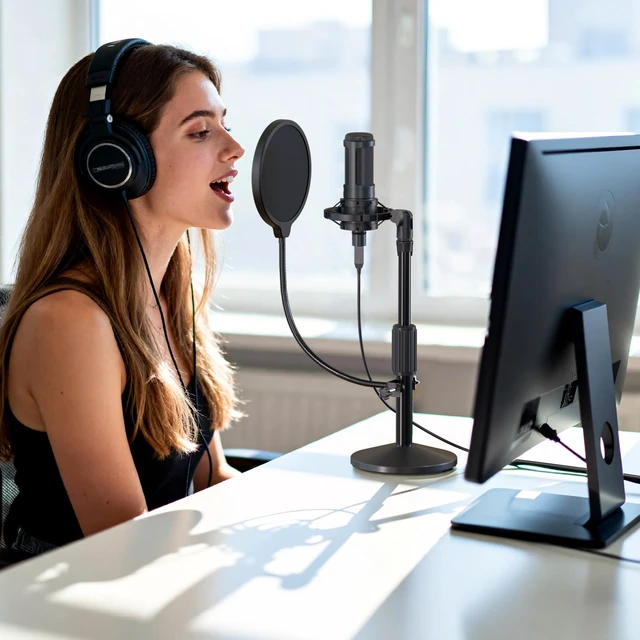 Alt view image 2 of 7 - Desktop Microphone Stand,Adjustable Height Mic Stand with Pop Filter Shock Mount Mic Clip 3/8" to 5/8" Adapter,Compatible with AT2020|AT2035|AT2040|QuadCast S|Razer Seiren X| Blue Snowball |Shure
