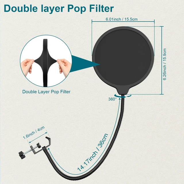 Alt view image 3 of 7 - Desktop Microphone Stand,Adjustable Height Mic Stand with Pop Filter Shock Mount Mic Clip 3/8" to 5/8" Adapter,Compatible with AT2020|AT2035|AT2040|QuadCast S|Razer Seiren X| Blue Snowball |Shure