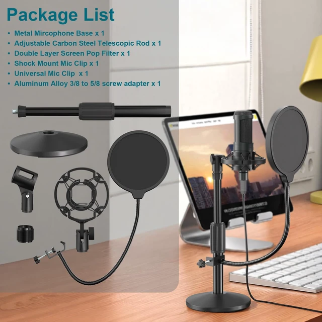 Alt view image 7 of 7 - Desktop Microphone Stand,Adjustable Height Mic Stand with Pop Filter Shock Mount Mic Clip 3/8" to 5/8" Adapter,Compatible with AT2020|AT2035|AT2040|QuadCast S|Razer Seiren X| Blue Snowball |Shure