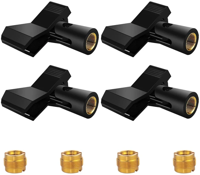 Main image of 4 Pack Universal Adjustable Mic Clips for Stands, Wireless Microphone Holder with 5/8 to 3/8 Inch Adapter, 180° Adjustable Knob, Secure Clamp for Mic Stands