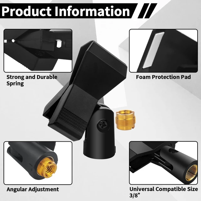 Alt view image 3 of 7 - 4 Pack Universal Adjustable Mic Clips for Stands, Wireless Microphone Holder with 5/8 to 3/8 Inch Adapter, 180° Adjustable Knob, Secure Clamp for Mic Stands