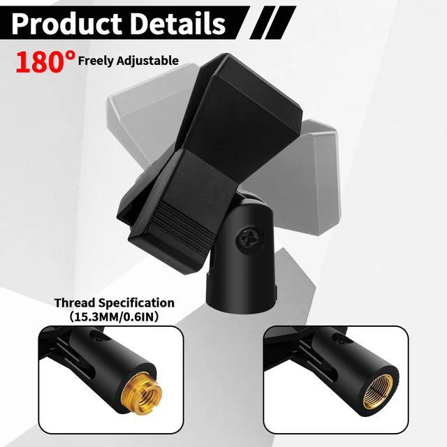 Alt view image 4 of 7 - 4 Pack Universal Adjustable Mic Clips for Stands, Wireless Microphone Holder with 5/8 to 3/8 Inch Adapter, 180° Adjustable Knob, Secure Clamp for Mic Stands