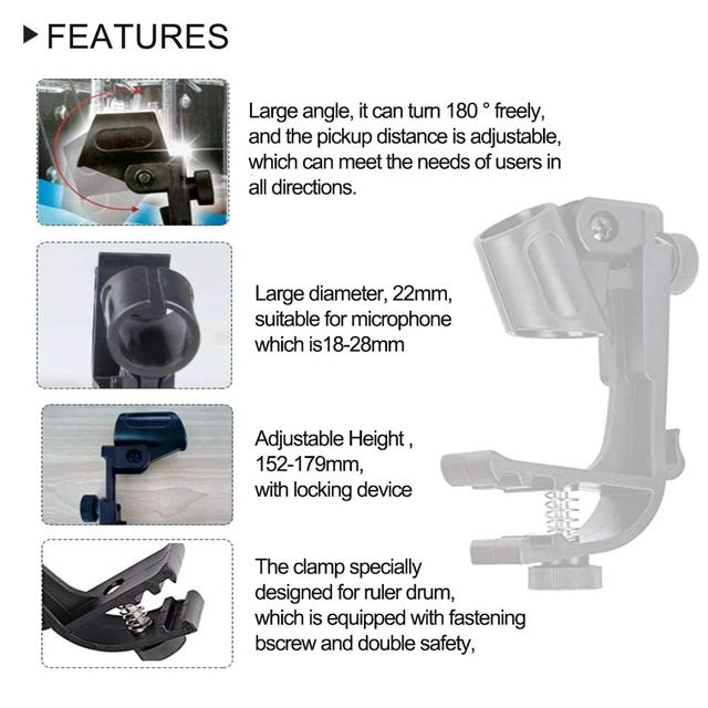 Alt view image 5 of 7 - Adjustable Drum Rim Mic Clips, Microphone Mount Clamp (Pack of 2) | Rim-Mount Mic Clips Position Microphones Without a Floor Stand, Check Drum Rim and Microphone Fit Before Purchase