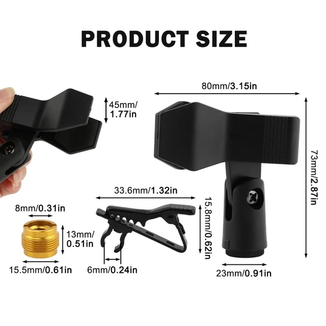 Alt view image 3 of 7 - Mic Clips for Stands Set, 4 pcs Universal Adjustable Microphone Clip Holder with 5/8 Inch Male to 3/8 Inch Female Screw Adapter and 2 Lapel Mic-Clip, Secure Clamp for Mic Stands(COLOR:Black)