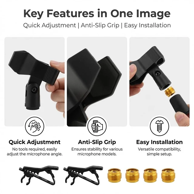 Alt view image 4 of 7 - Mic Clips for Stands Set, 4 pcs Universal Adjustable Microphone Clip Holder with 5/8 Inch Male to 3/8 Inch Female Screw Adapter and 2 Lapel Mic-Clip, Secure Clamp for Mic Stands(COLOR:Black)