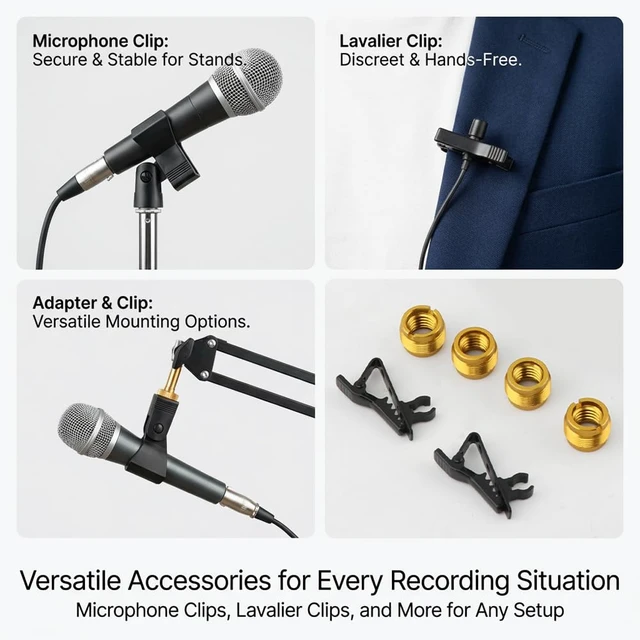 Alt view image 5 of 7 - Mic Clips for Stands Set, 4 pcs Universal Adjustable Microphone Clip Holder with 5/8 Inch Male to 3/8 Inch Female Screw Adapter and 2 Lapel Mic-Clip, Secure Clamp for Mic Stands(COLOR:Black)