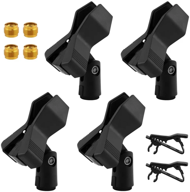 Main image of Mic Clips for Stands Set, 4 pcs Universal Adjustable Microphone Clip Holder with 5/8 Inch Male to 3/8 Inch Female Screw Adapter and 2 Lapel Mic-Clip, Secure Clamp for Mic Stands(COLOR:Black)