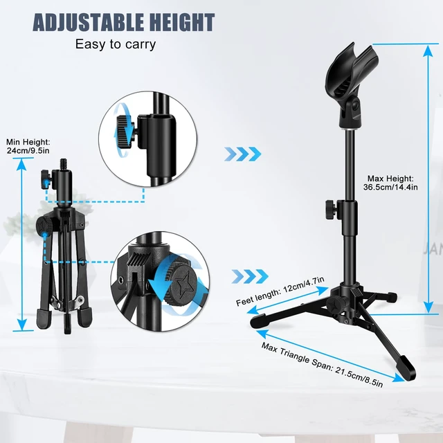 Alt view image 2 of 7 - Desk Mic Stand, Portable Foldable Microphone Tripod with Mic Clip Holder Adjustable Microphone Stand Desk Table for Blue Yeti Snowball Spark and Other Dynamic Microphones
