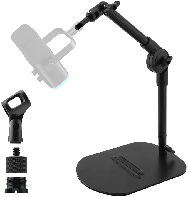 Main image of Desk Microphone Stand Weighted Base Mic Holder for Podcast Stream Recording | Steel base load 2.2lb. 3/8" 5/8" 1/4" Adapters. Adjustable Dual pivot 180° angle.Non-slip pads.