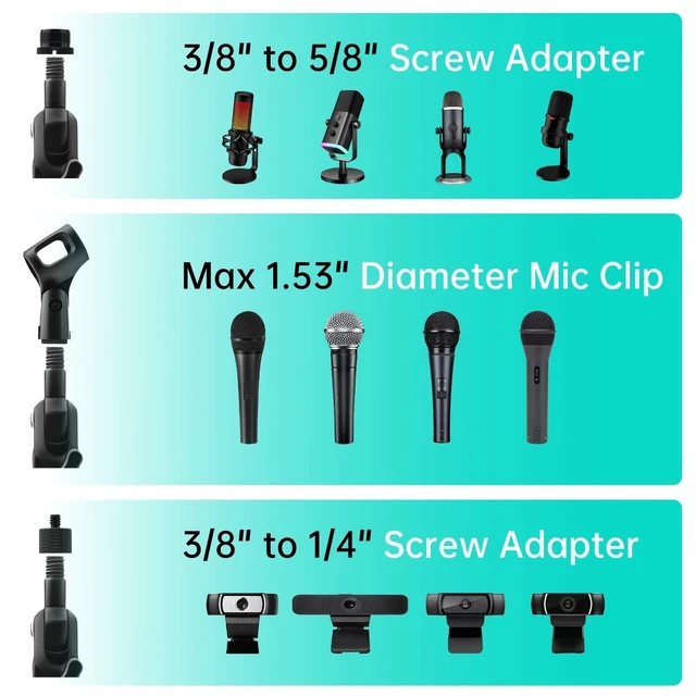 Alt view image 5 of 7 - Desk Microphone Stand Weighted Base Mic Holder for Podcast Stream Recording | Steel base load 2.2lb. 3/8" 5/8" 1/4" Adapters. Adjustable Dual pivot 180° angle.Non-slip pads.