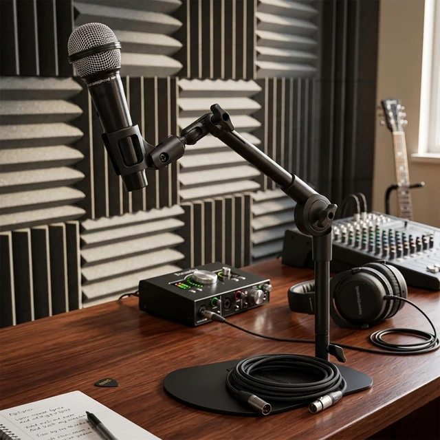 Alt view image 6 of 7 - Desk Microphone Stand Weighted Base Mic Holder for Podcast Stream Recording | Steel base load 2.2lb. 3/8" 5/8" 1/4" Adapters. Adjustable Dual pivot 180° angle.Non-slip pads.