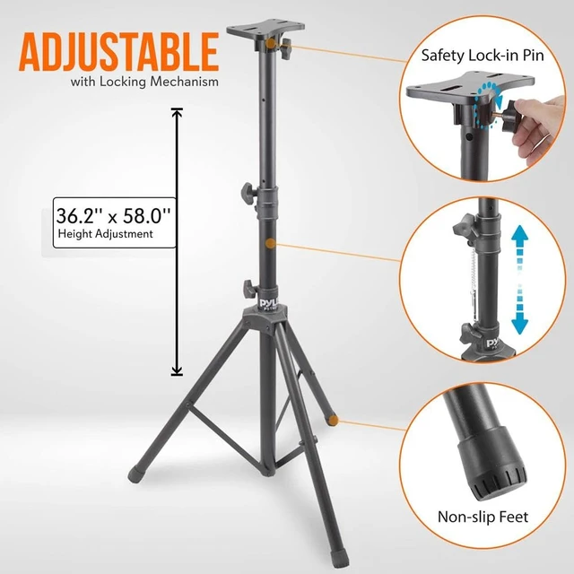 Alt view image 2 of 7 - Mount Holder Heavy Duty Rubber Capped Tripod, Adjustable Height from 36.2 x 58.0 inches, Locking Safety PIN and 35mm Compatible Insert, On-Stage or in-Studio Use - PSTND1