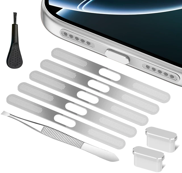 Main image of Speaker Protector for iPhone 18 Pro Max, 17 Pro Max, USB C Dust Plug | Silver Metal Mesh Dust Cover, Easy to Install with High Adhesion, Lossless Sound Quality, Cleaning Tools(Not for 17 Pro)