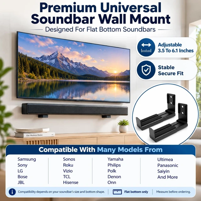 Alt view image 2 of 7 - Premium Universal Soundbar Wall Mount Bracket (Flat-Bottom) 33 lbs Heavy Duty Steel Holder Adjustable Depth Includes Screwdriver Fits Samsung Sony LG Bose JBL Sonos