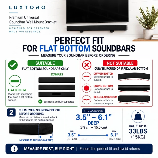 Alt view image 3 of 7 - Premium Universal Soundbar Wall Mount Bracket (Flat-Bottom) 33 lbs Heavy Duty Steel Holder Adjustable Depth Includes Screwdriver Fits Samsung Sony LG Bose JBL Sonos