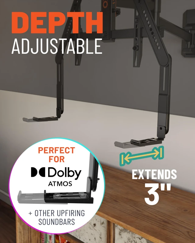 Alt view image 4 of 7 - Universal TV Soundbar Mount w/ Adjustable Height & Depth | Easy to assemble sound bar mount attaches to TV, works w/ speakers up to 15 lbs, extends 3 for Dolby Atmos compatibility