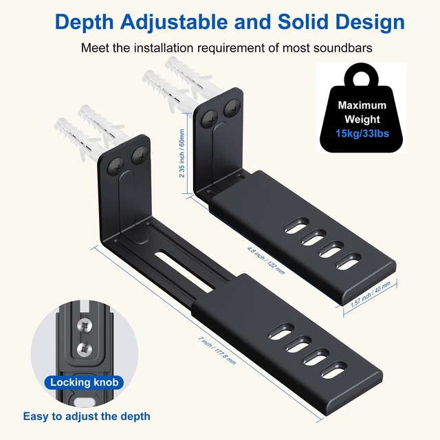 Alt view image 5 of 7 - Metal Soundbar Wall Mount, Depth Adjustable 4.7-7, | Easily Hold up to 33lbs, Speaker Bracket for Samsung, Bose, Vizio, Sony, Sonos and More, All-round Soft Pads, Black