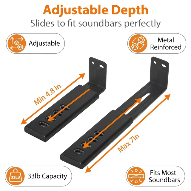 Alt view image 2 of 7 - Depth Adjustabl Soundbar Wall Mount Bracket ,Soundbar Shelf Under TV, Black | for Samsung, Sony, LG, Vizio, Bose, JBL and More Sound Bar Mounts Under TV, Soundbar Shelf