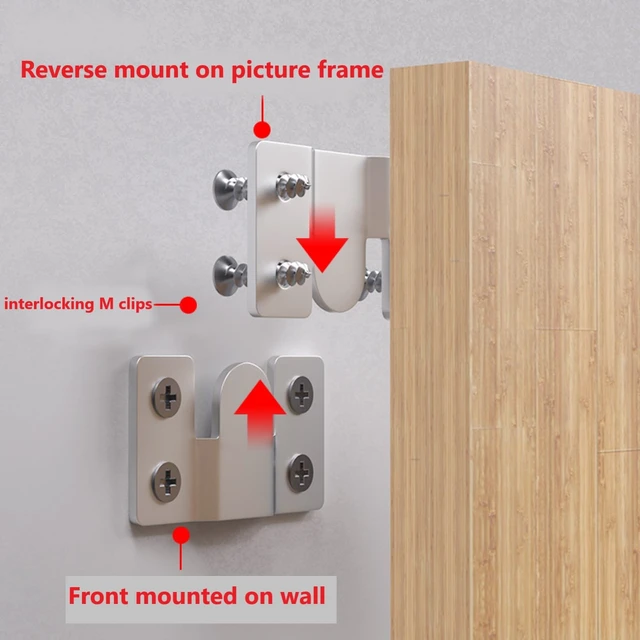 Alt view image 3 of 7 - Flush Mount Bracket with Screws 6 Sets Hanging Buckle Kit, Interlocking Heavy Duty Photo Frame Hook, Furniture Connector for 100lb Picture Hangers Art Gallery Wall Mount Hardware, Stainless Steel (6)