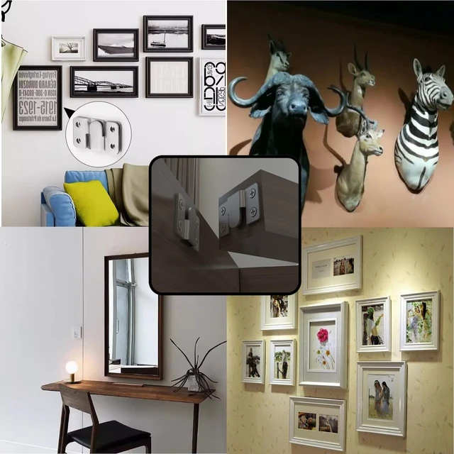 Alt view image 4 of 7 - Flush Mount Bracket with Screws 6 Sets Hanging Buckle Kit, Interlocking Heavy Duty Photo Frame Hook, Furniture Connector for 100lb Picture Hangers Art Gallery Wall Mount Hardware, Stainless Steel (6)