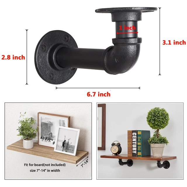 Alt view image 2 of 7 - Industrial L Pipe Shelf Brackets for 7-14 in Depth Wood,6.7In 4 Pack | Heavy-Duty 3/4" Iron,Wall Mount Floating Shelf Bracket L Metal Pipe Shelving Brackets for Wood-Black DIY Pipe Shelves