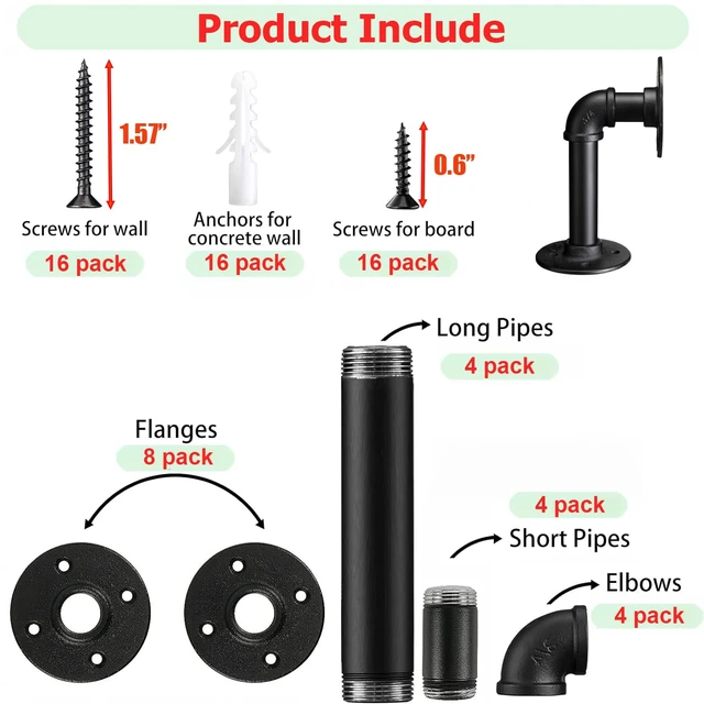 Alt view image 7 of 7 - Industrial L Pipe Shelf Brackets for 7-14 in Depth Wood,6.7In 4 Pack | Heavy-Duty 3/4" Iron,Wall Mount Floating Shelf Bracket L Metal Pipe Shelving Brackets for Wood-Black DIY Pipe Shelves