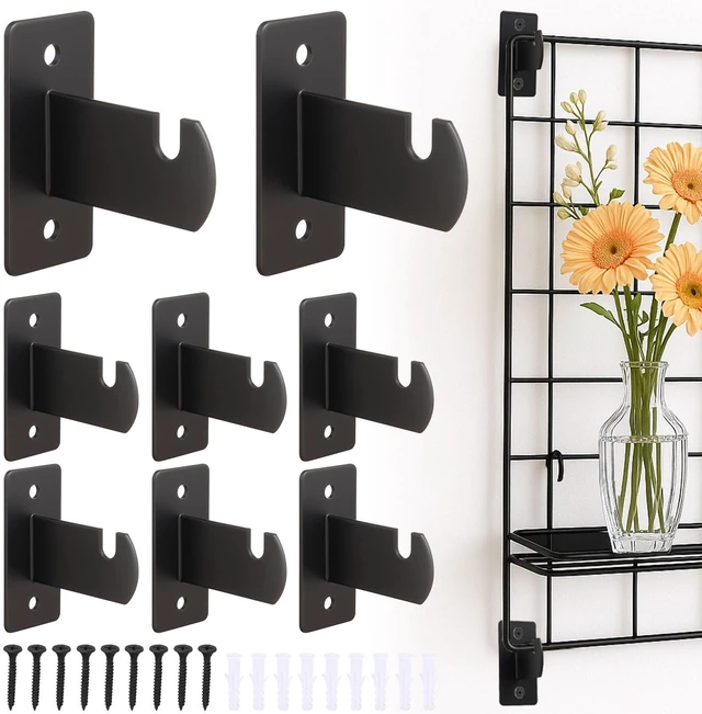 Main image of 8 Pcs Gridwall Mount Brackets, Metal Grid Wall Panel Display Hooks | Space Saving Grid Hangers for Shop Home Garages Office Organization. Screws, Black