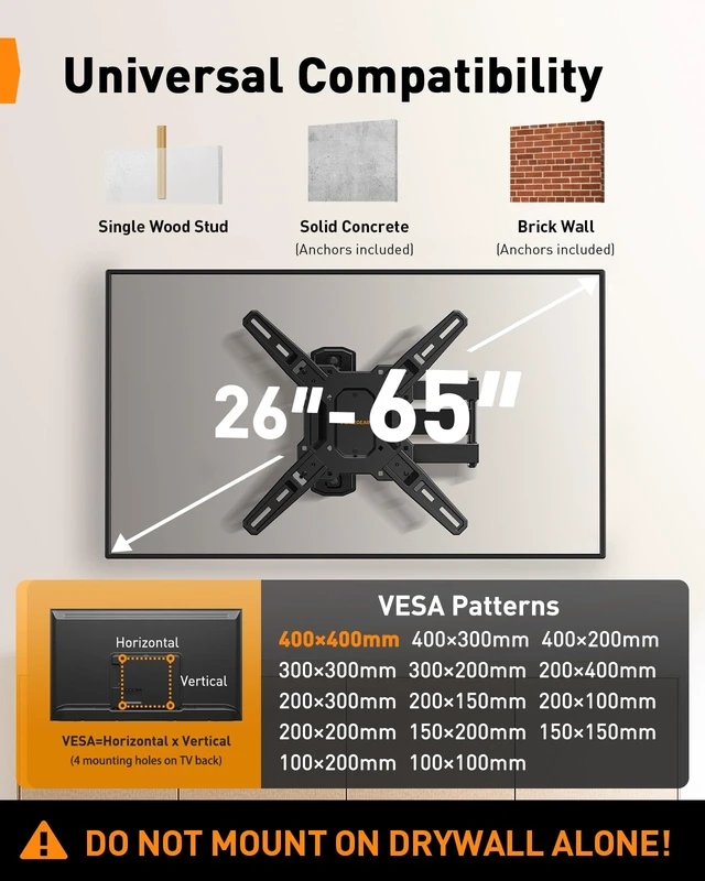 Alt view image 2 of 7 - Full Motion TV Mount for 2665 inch TVs up to 82 lbs | Swivel Articulating Corner TV Wall mount with Tool-Free, Single Stud Wall Mount TV bracket, Max VESA 400x400mm PGMF3