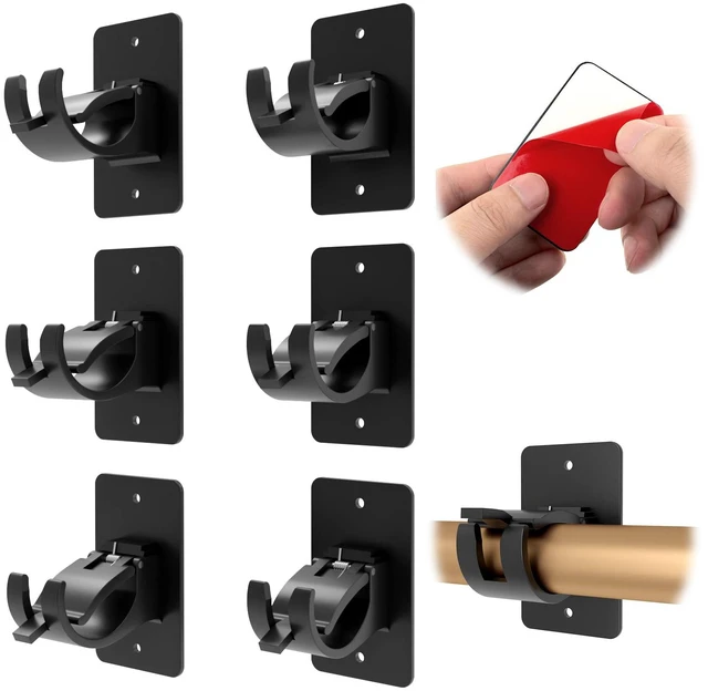 Main image of 6-Pack Curtain Bracket Holders, Universal Self-Adhesive Wall Mounts, Fits 0.6'' to 1.5'' Rods, Black