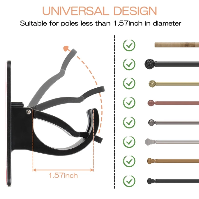 Alt view image 2 of 7 - 6-Pack Curtain Bracket Holders, Universal Self-Adhesive Wall Mounts, Fits 0.6'' to 1.5'' Rods, Black