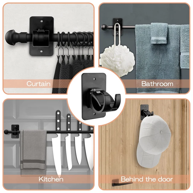 Alt view image 6 of 7 - 6-Pack Curtain Bracket Holders, Universal Self-Adhesive Wall Mounts, Fits 0.6'' to 1.5'' Rods, Black