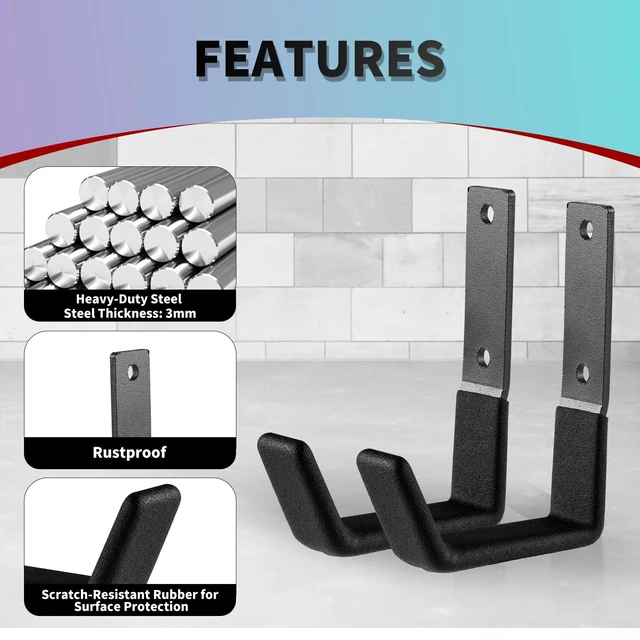 Alt view image 3 of 7 - Heavy Duty Wall Mount Hooks, Utility Hooks, Tool Organizer - Steel Garden/Garage Hose Hanger U Hooks (2, Small)